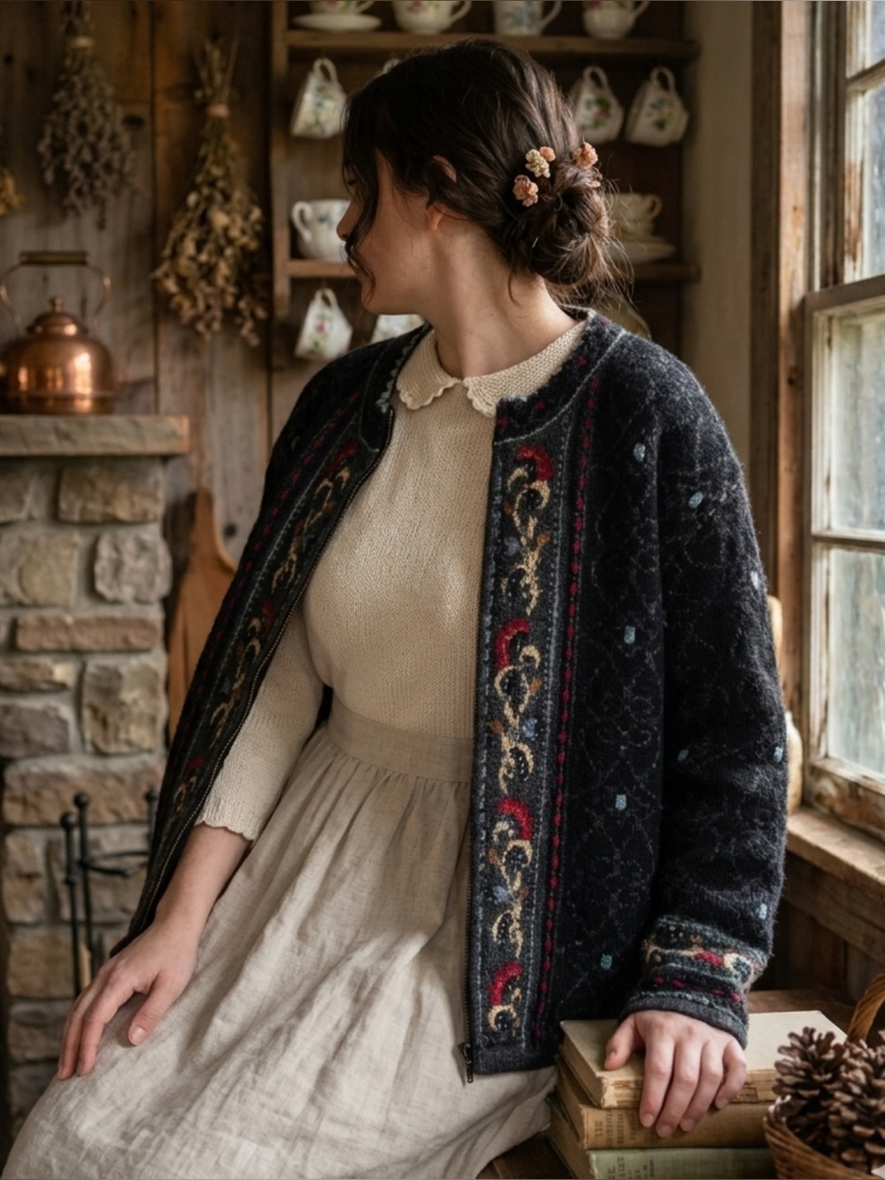 Vintage Mac Duff 100% Shetland Wool Black Embroidered Open-Front Jacket 1990s M
